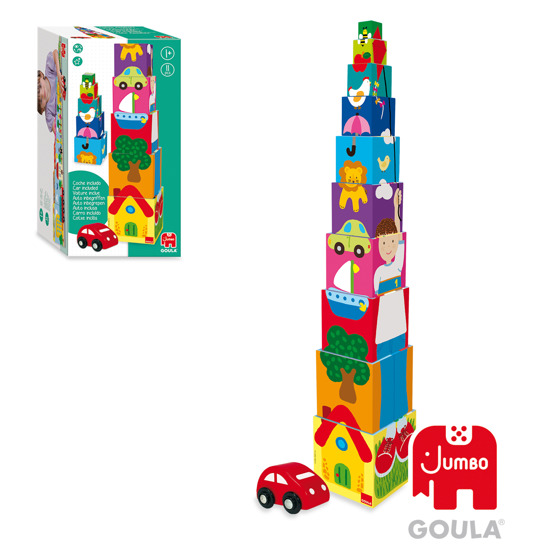 Zabawka z pudełkiem i ułożonymi klockami. Pokazany jest również czerwony samochód. Zabawka jest dla dzieci.