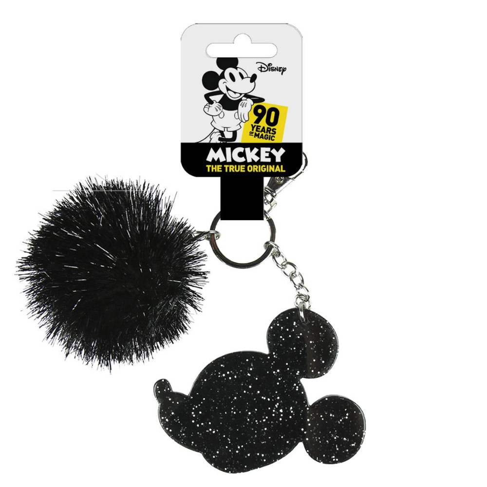 Llavero negro de Mickey Mouse con pompón negro y etiqueta de Mickey Mouse.