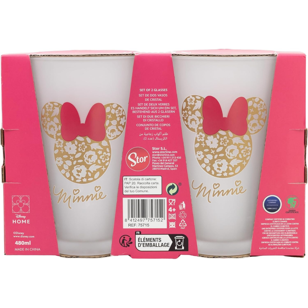 Dos vasos de Minnie Mouse en embalaje, diseño de lazo.