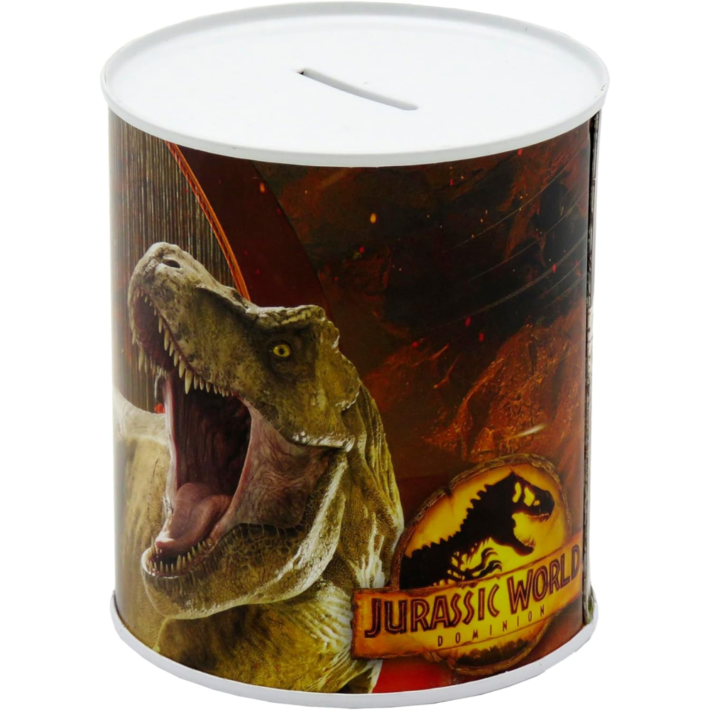 Una hucha de Jurassic World con una imagen de T-Rex en la parte delantera y el logo de Jurassic World.