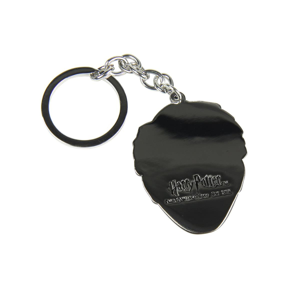 Llavero plateado de Harry Potter. Presenta un diseño negro en forma de bellota con la marca Harry Potter.