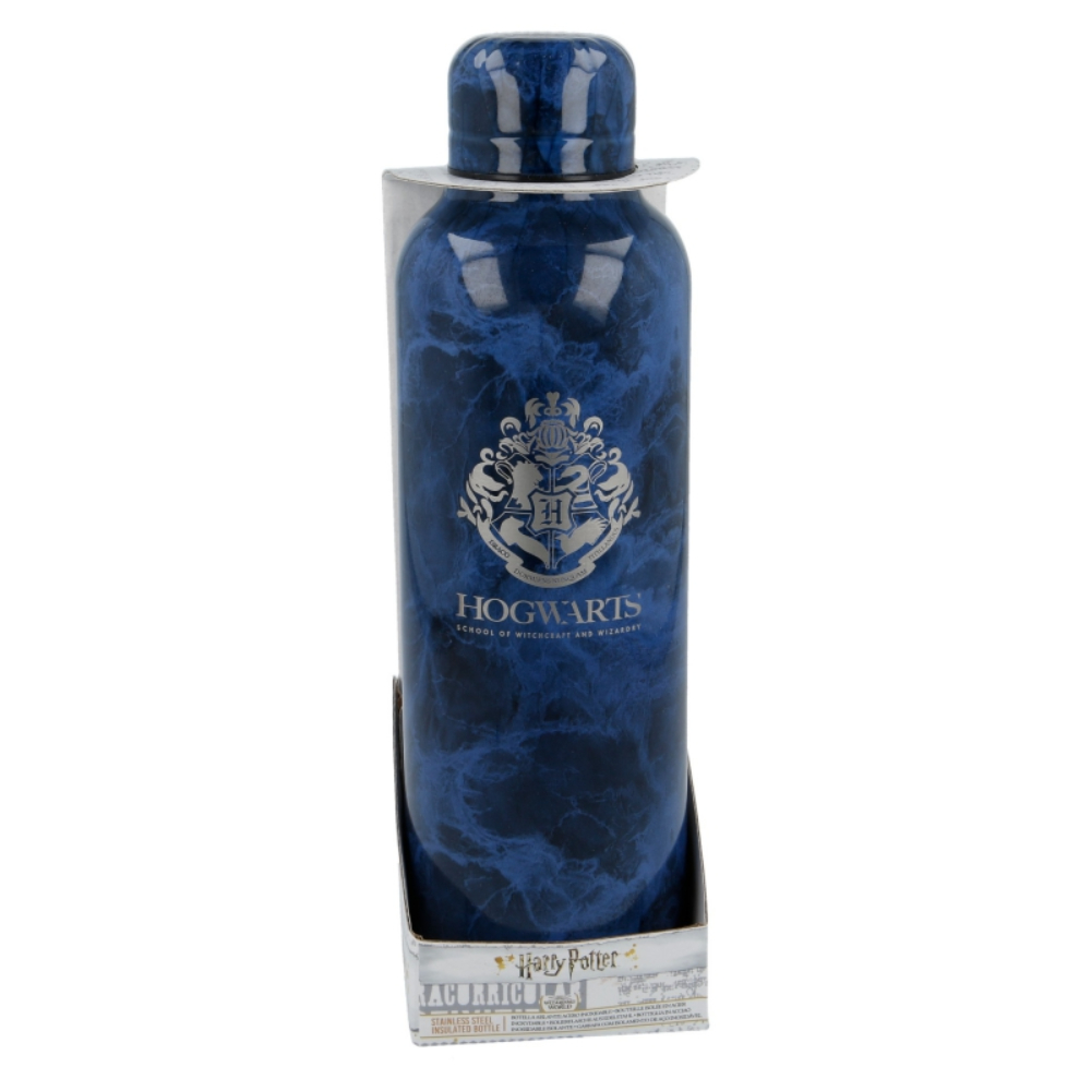 Botella de agua azul con patrón de mármol de Harry Potter, escudo y logo de Hogwarts.