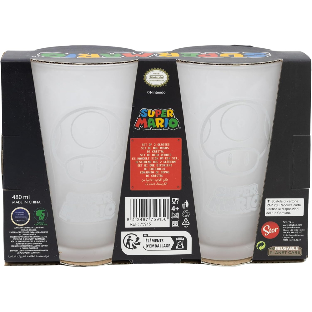 Dos vasos de Super Mario en una caja con diseños y texto de Super Mario.