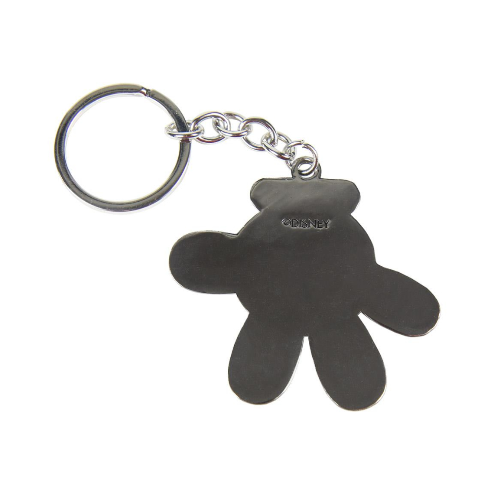 Llavero con forma de mano de Mickey Mouse. La parte trasera es gris con 'ODISNEY'.