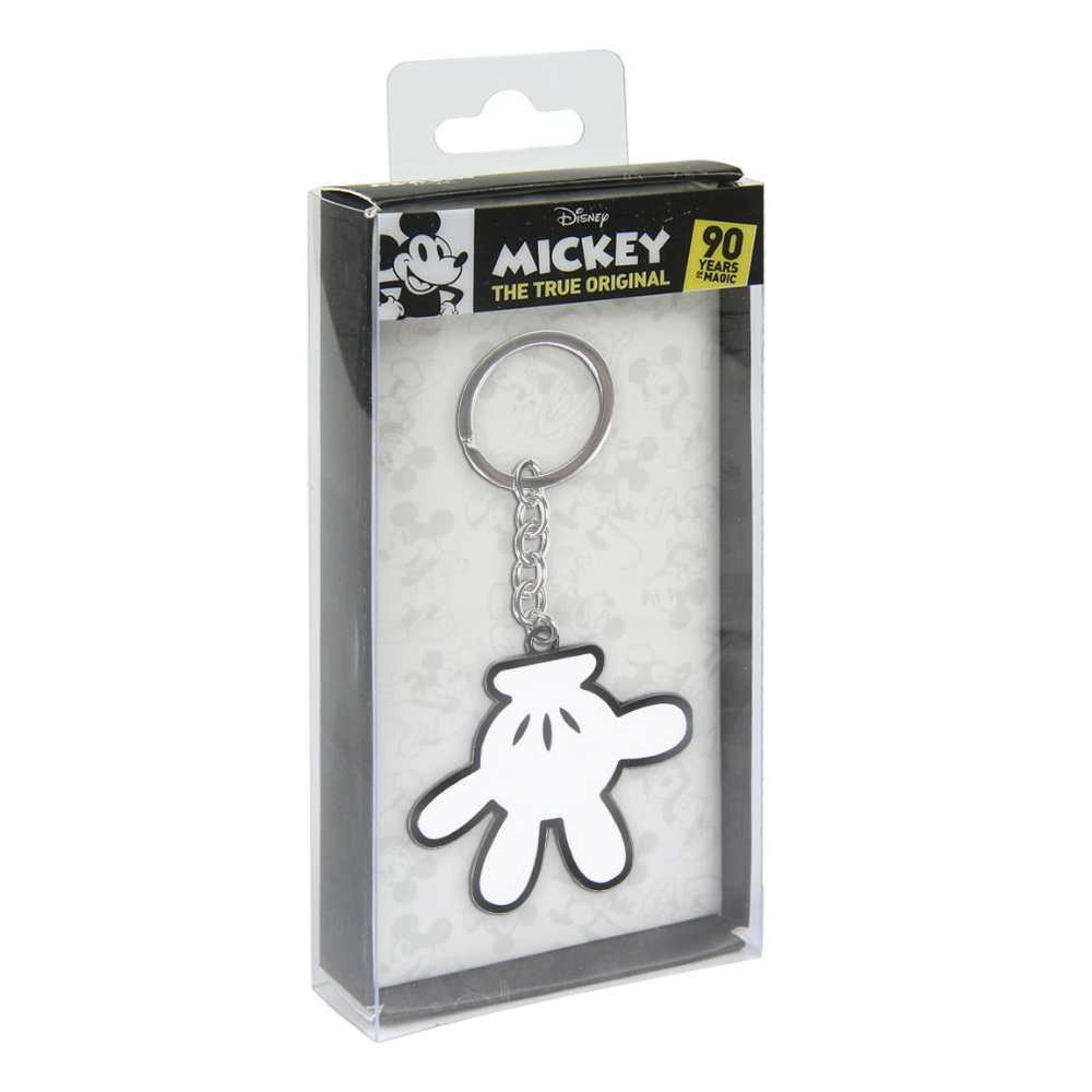 Llavero de mano de Mickey Mouse en una caja, blanco y negro.