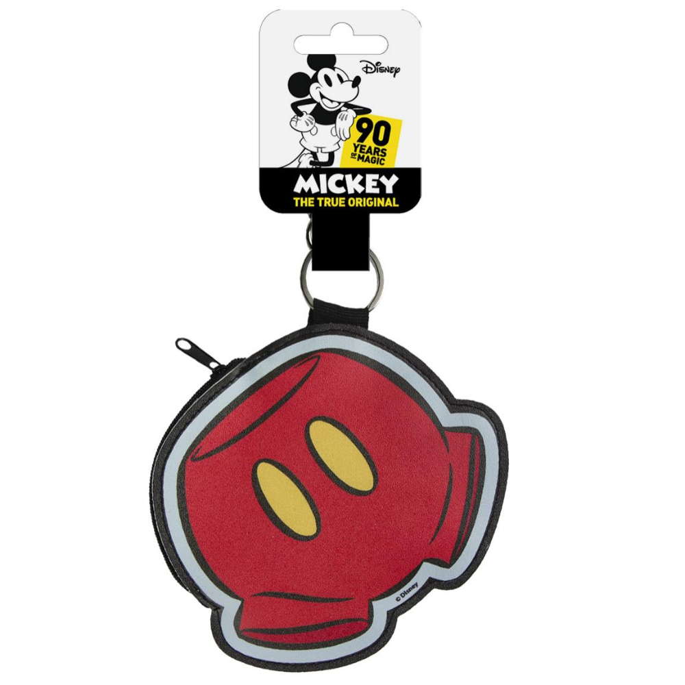 Monedero de Mickey Mouse con forma de guante. Incluye logos de Mickey Mouse y Disney.