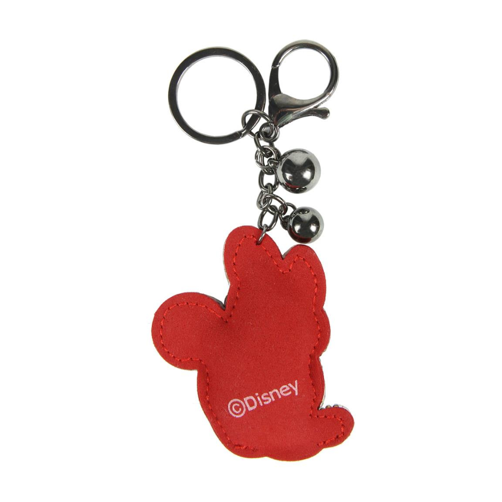 Llavero rojo de Minnie Mouse con cadena plateada y dos bolas plateadas. El logotipo de Disney está en la parte posterior.