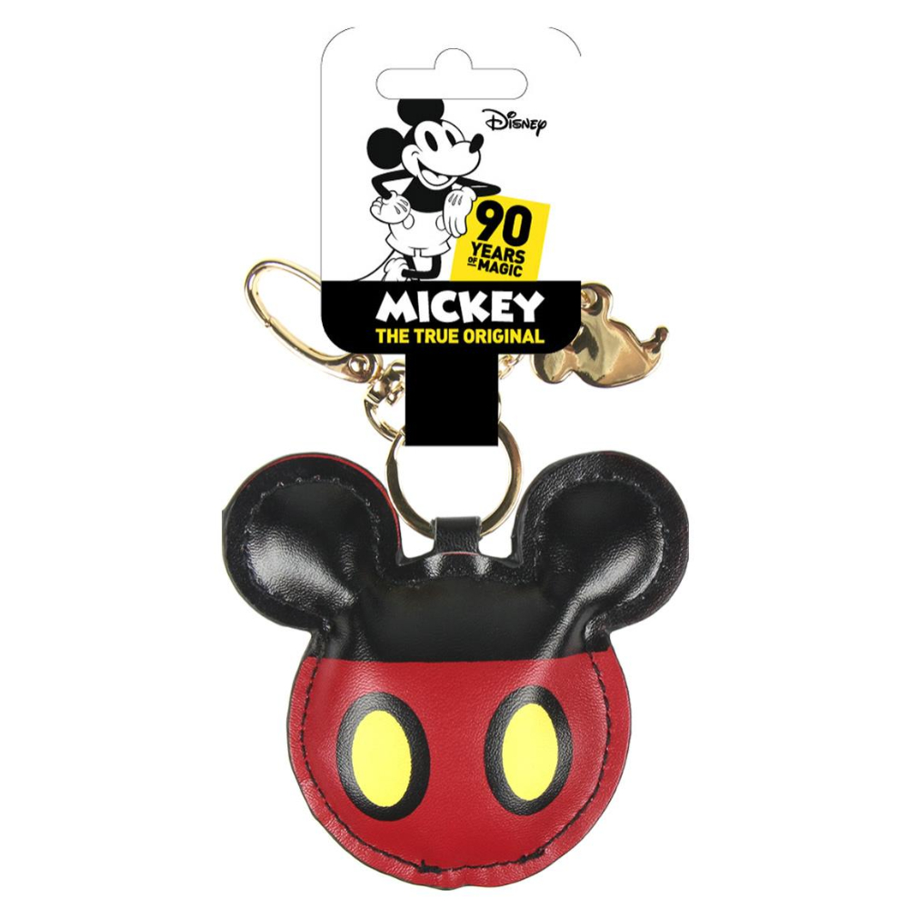 Llavero de Mickey Mouse. Diseño negro y rojo con el texto 