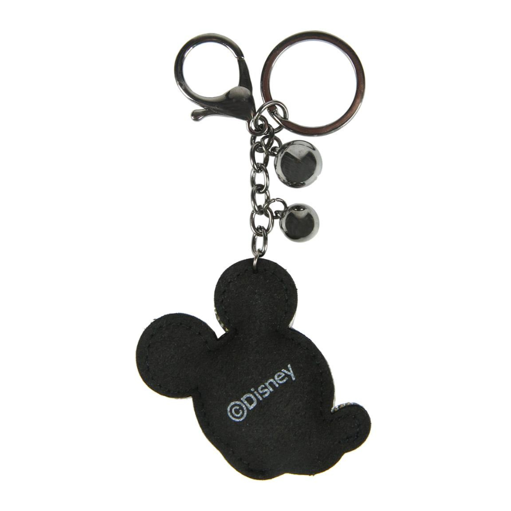 Llavero negro de Mickey Mouse con silueta colgante y detalles plateados.