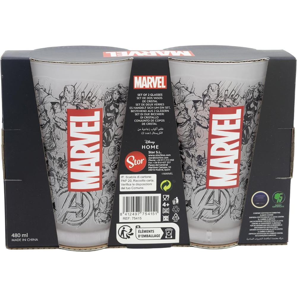 Dos vasos con logo MARVEL, caja negra, personajes blancos.