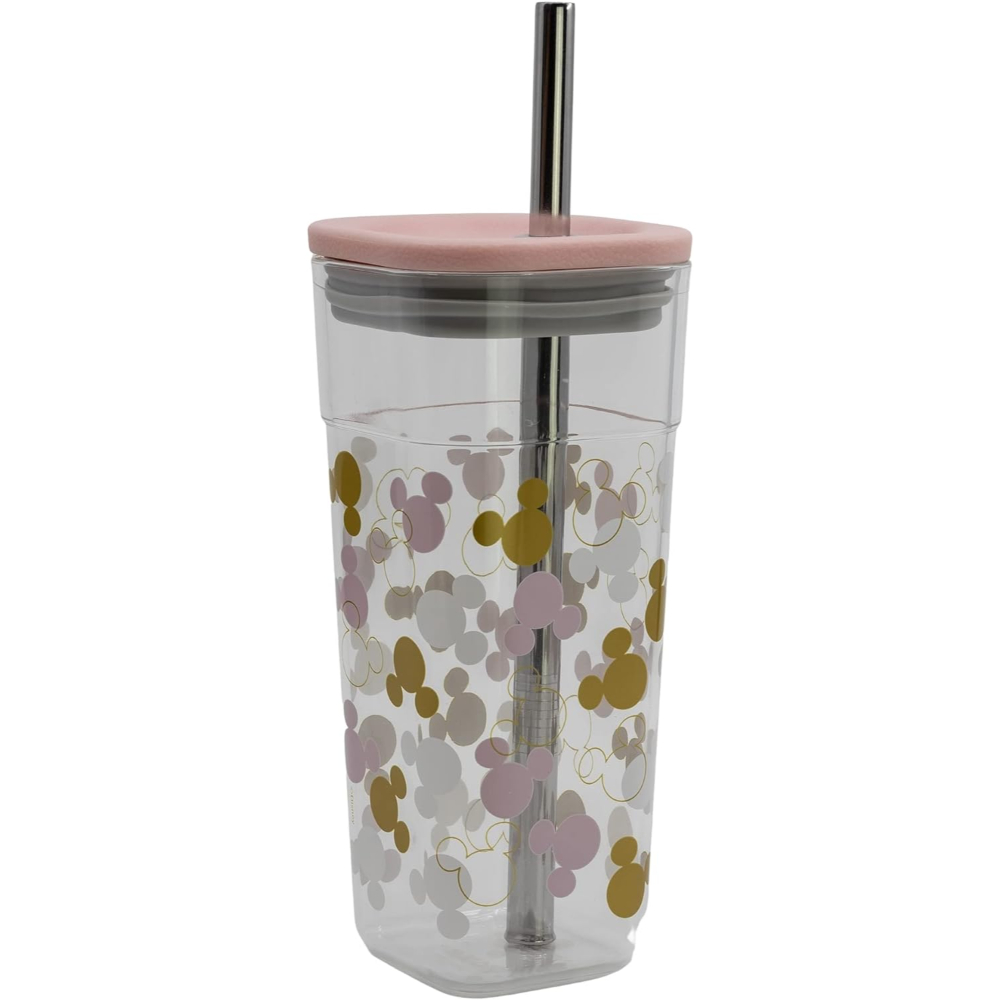 Vaso transparente con patrón de Mickey Mouse, tapa rosa y pajita de metal.