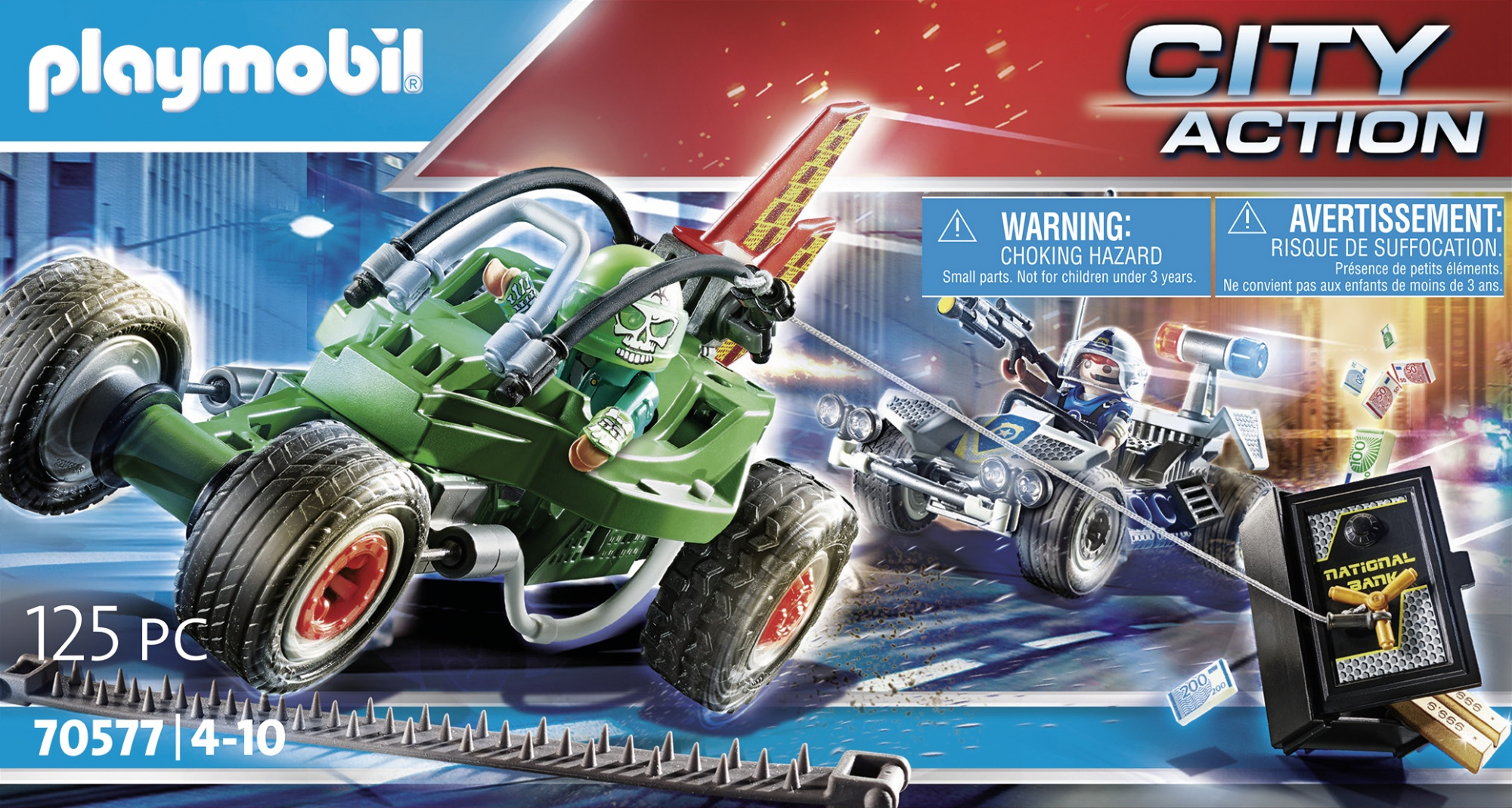 Un juego de juguetes Playmobil City Action con un vehículo verde y un coche de policía con una caja fuerte.