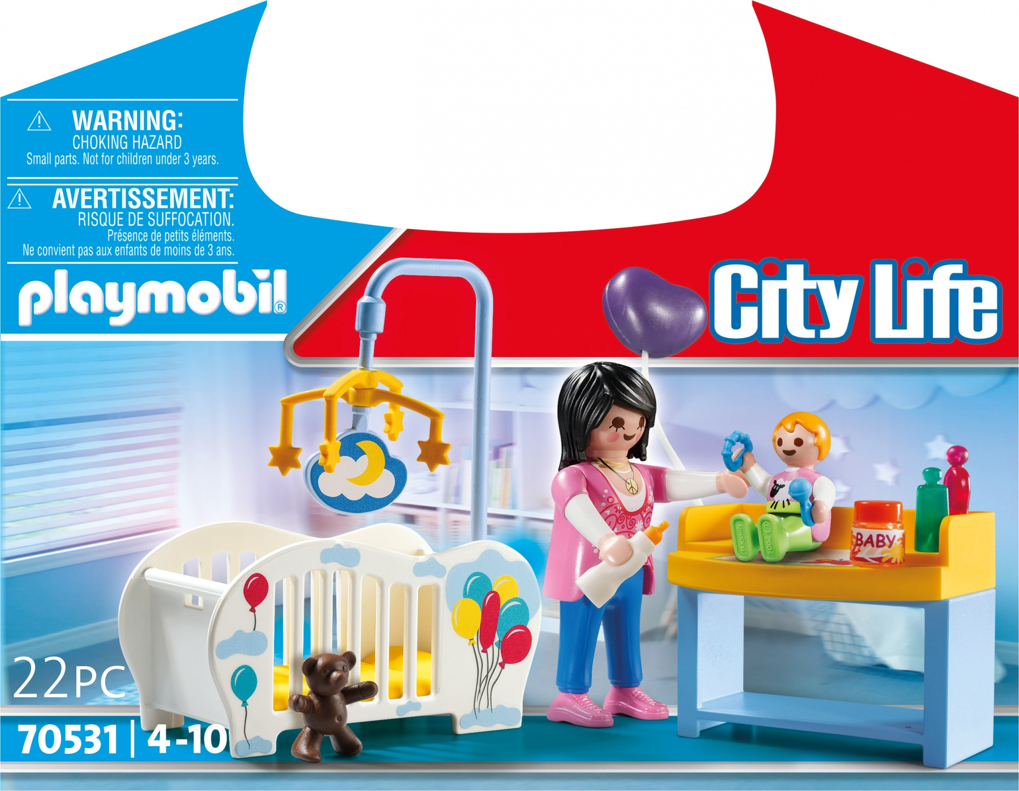 Playmobil City Life Spielset-Box, die eine Mutter mit Baby und ein Kinderbett mit Spielzeug zeigt.