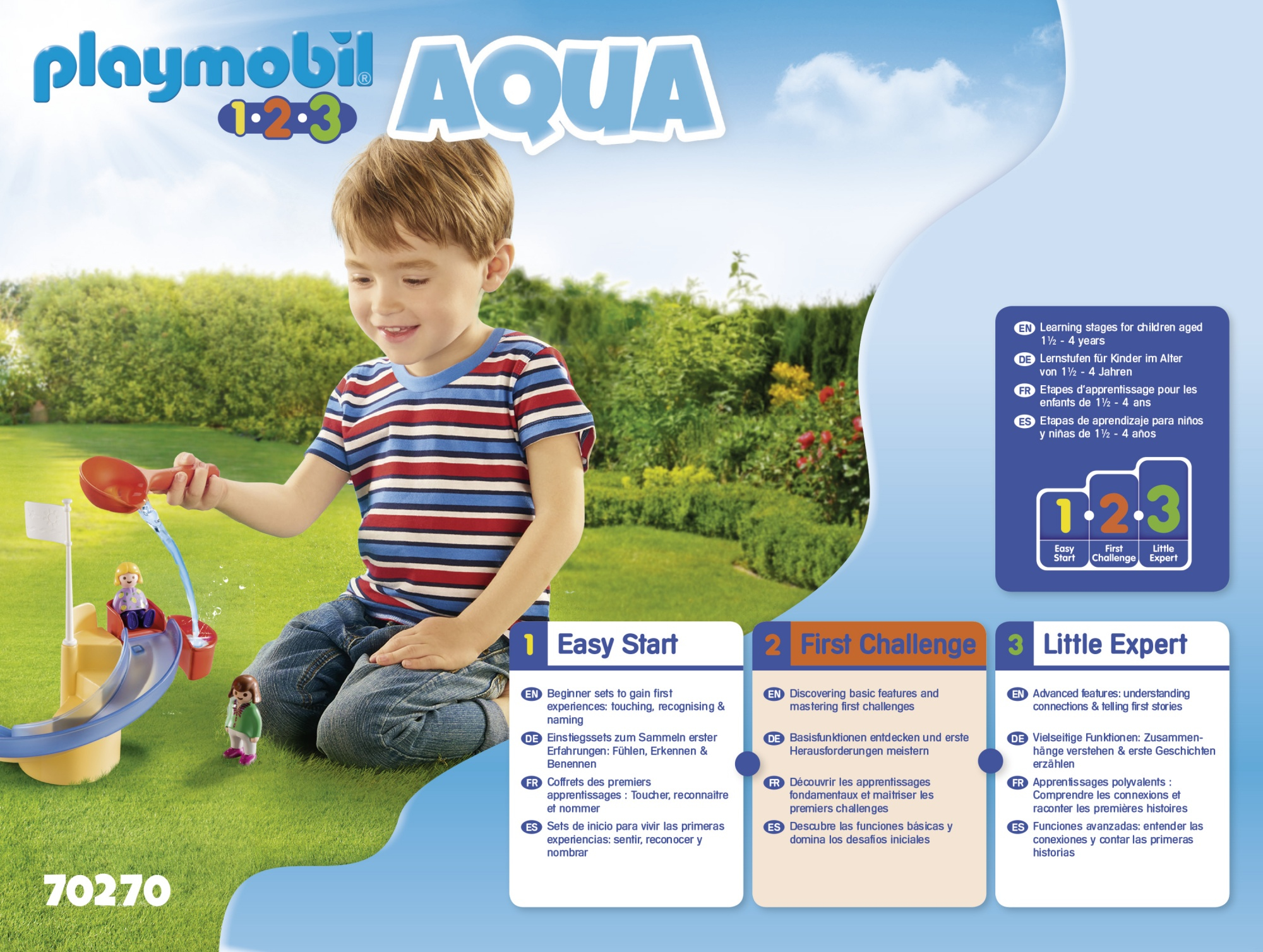 Ein Playmobil Aqua-Set wird gezeigt. Ein Junge spielt mit einer Rutsche und Wasserspielzeug. Text in mehreren Sprachen.