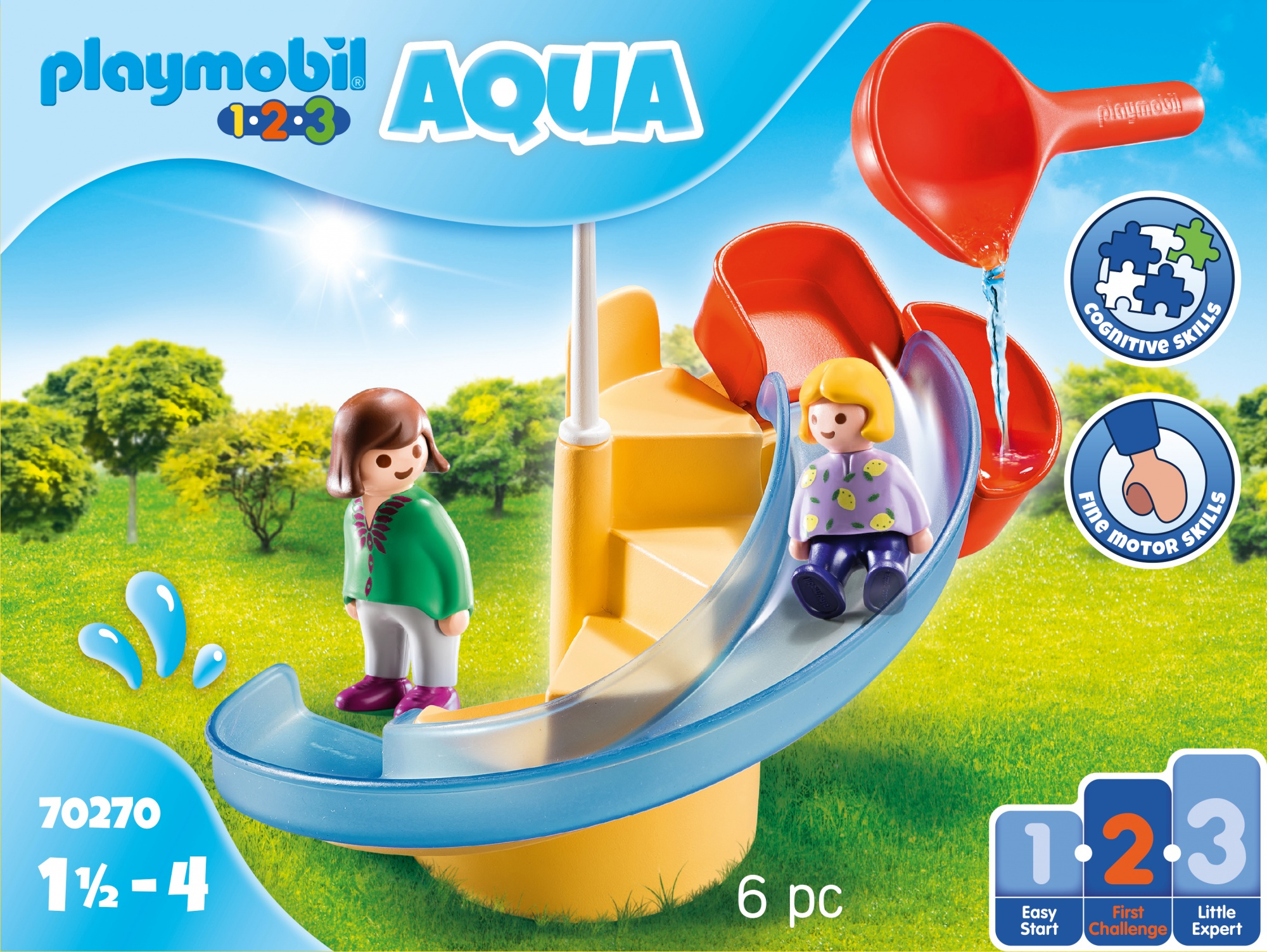 Playmobil Aqua Spielset. Zwei Kinderfiguren in der Nähe der gelben Rutsche. Rotes Wasser gießt aus der Schaufel.