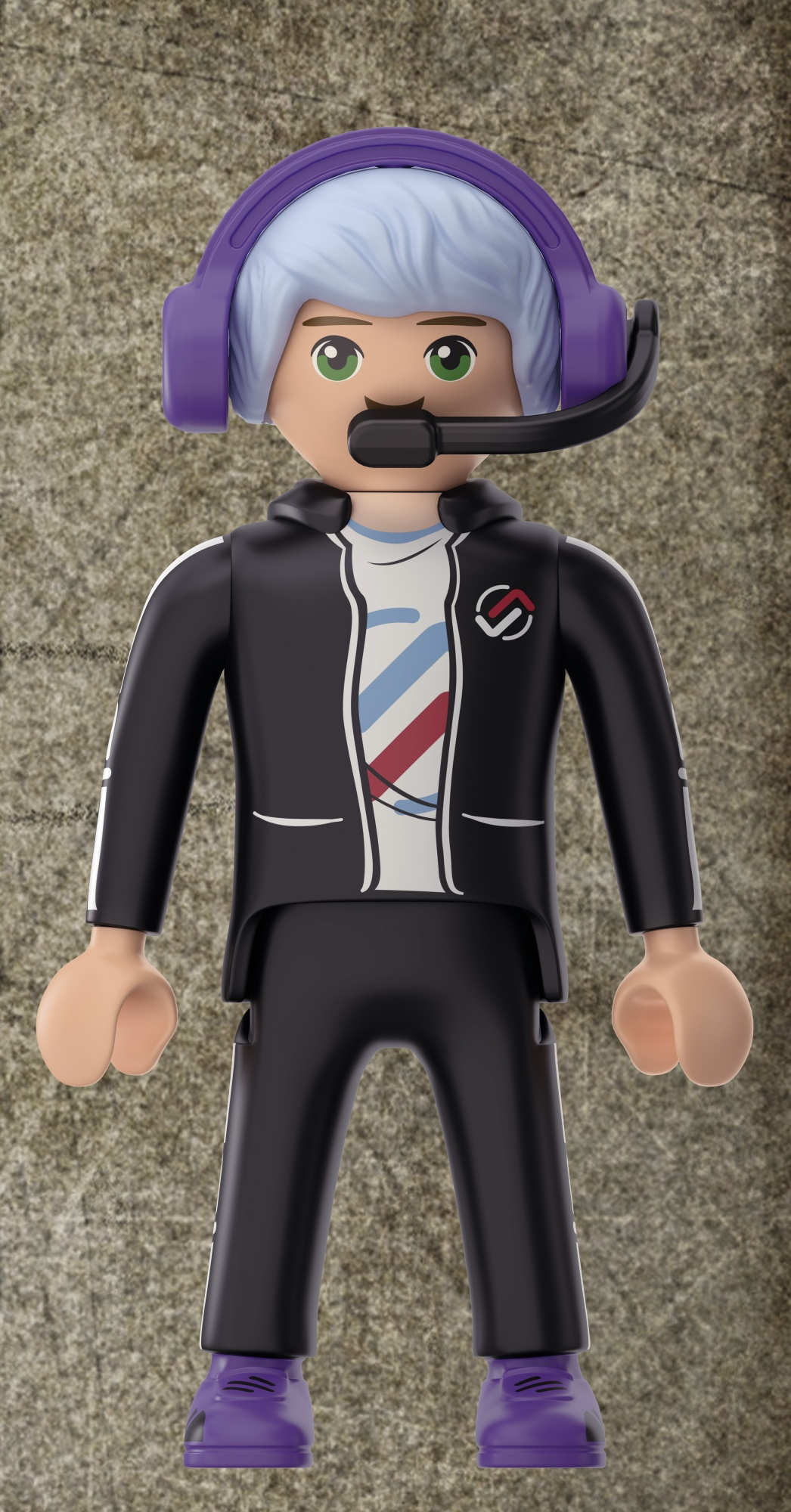 Eine Playmobilfigur eines Gamers mit Headset und Mikrofon. Der Hintergrund ist eine strukturierte Wand.