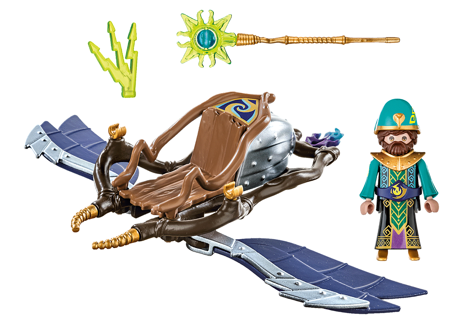 Un set Playmobil con una figura, una macchina volante, un bastone e altri accessori su sfondo bianco.