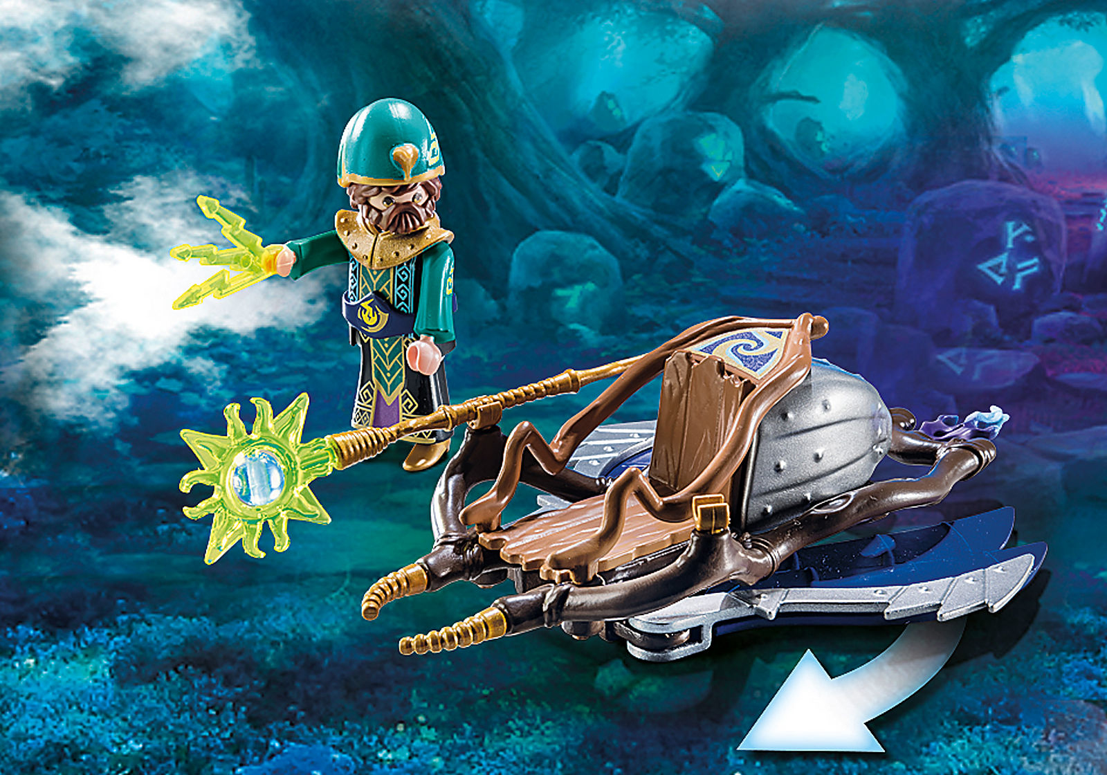 Set Playmobil con un mago e un carro. Il mago tiene in mano un bastone e un raggio di luce.