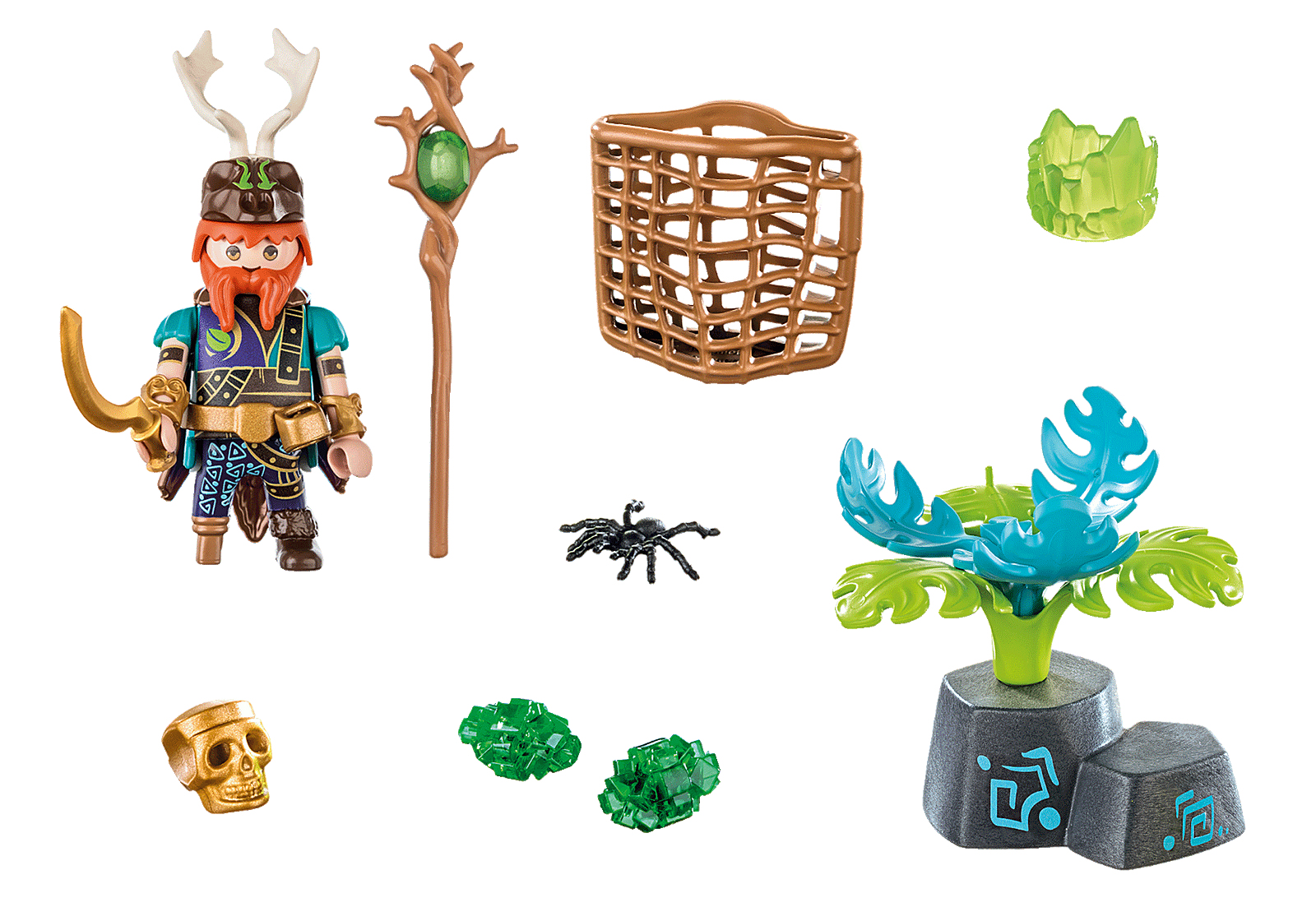 Spielfiguren: bärtiger Mann mit Geweih, Stab, Korb, Spinne, Pflanze, Totenkopf und Edelsteinen.