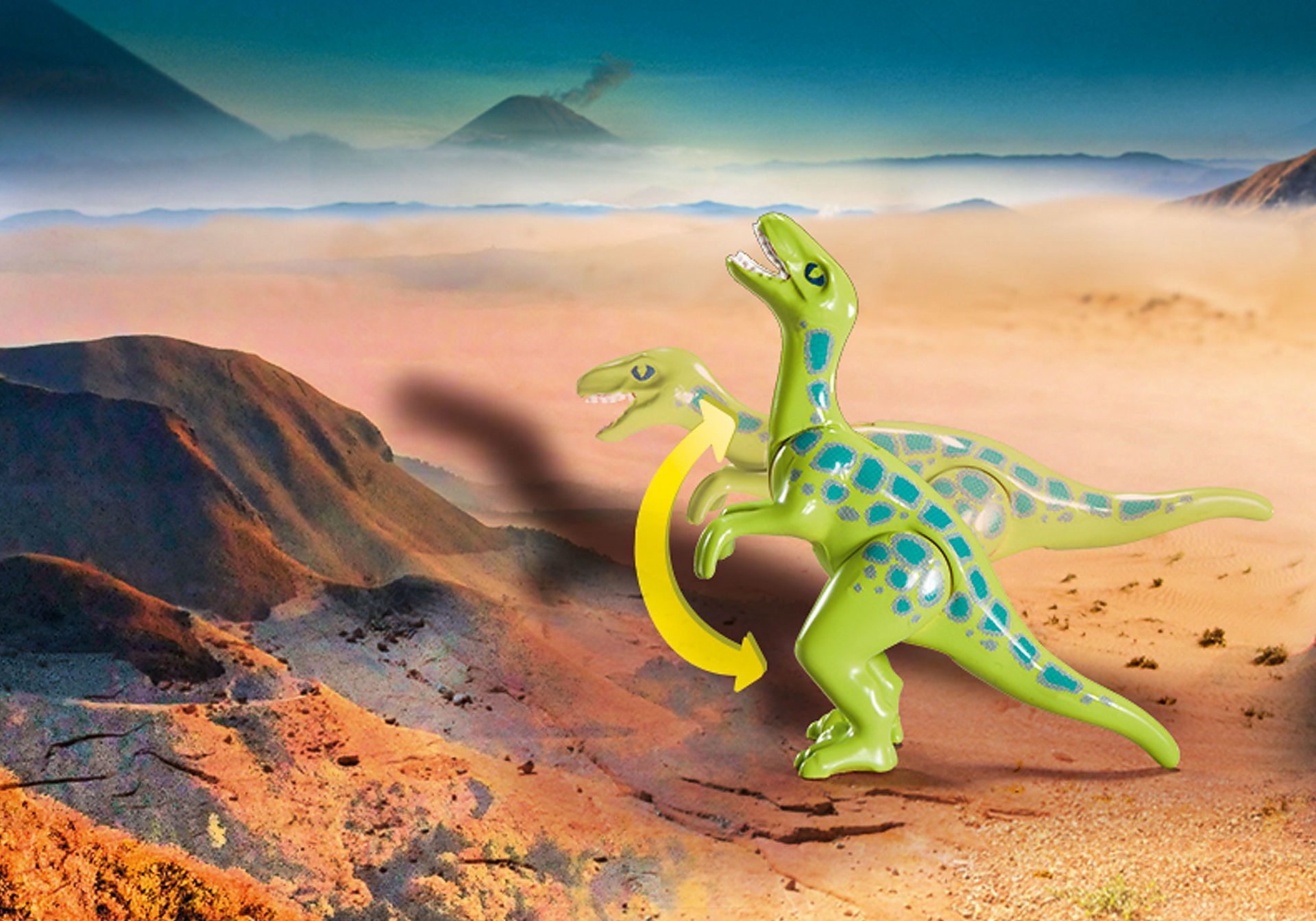 Un giocattolo di dinosauro verde con la testa girevole, ambientato su uno sfondo desertico.