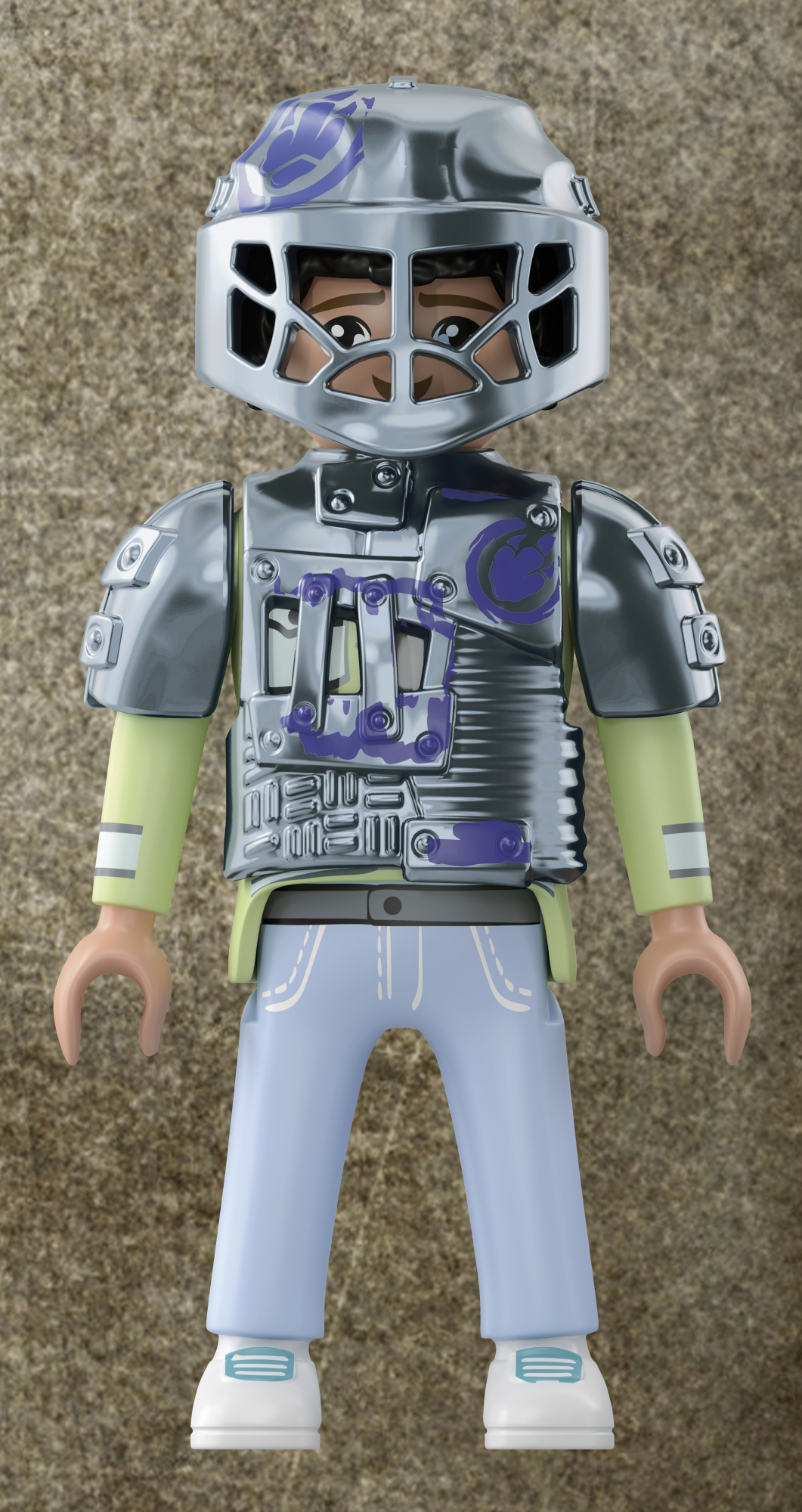 Figurka Playmobil w srebrnym hełmie i zbroi, z jasnozieloną koszulą.