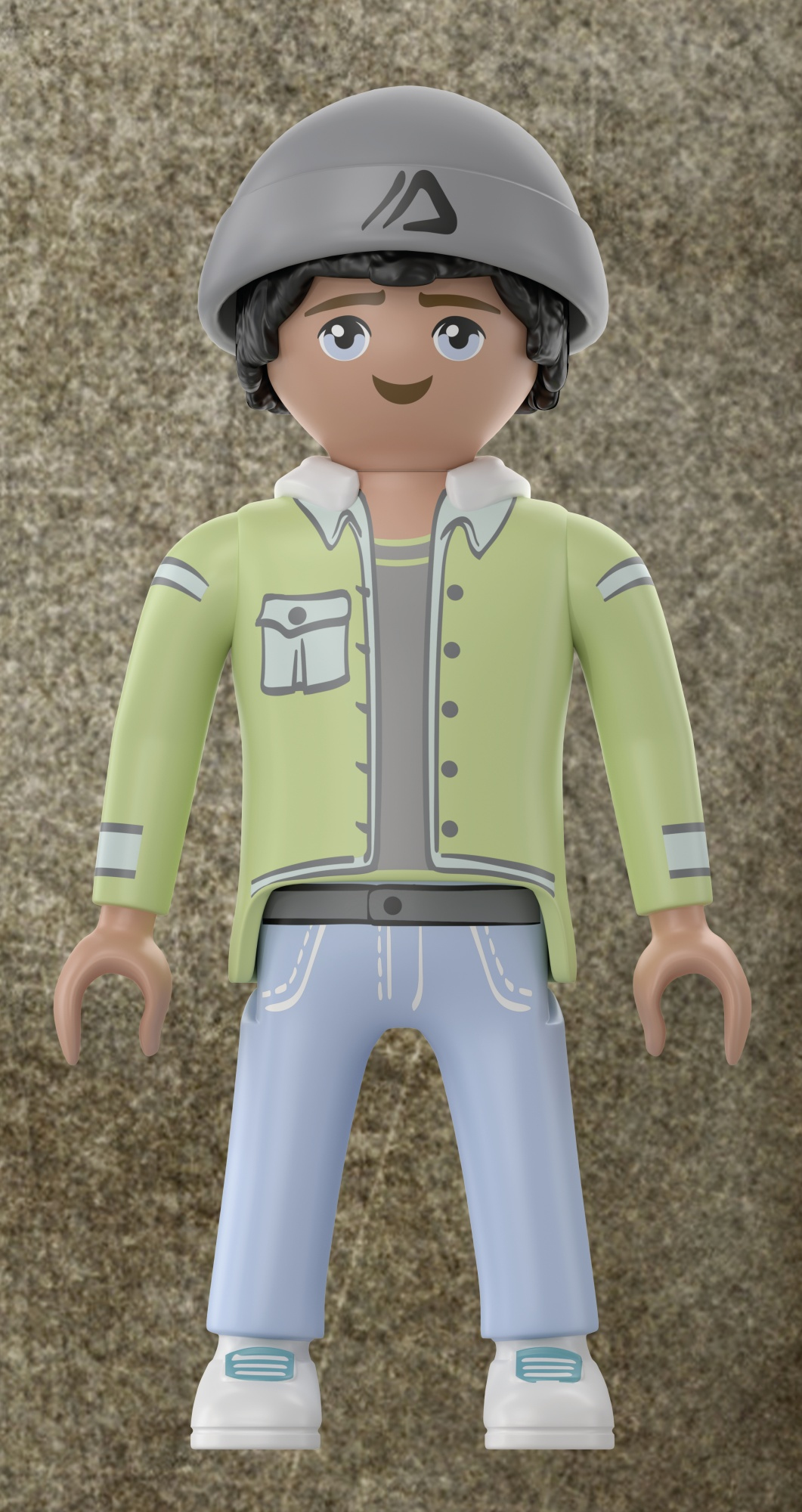 Figurka Playmobil mężczyzny w zielonej kurtce i niebieskich dżinsach, w szarym kasku.