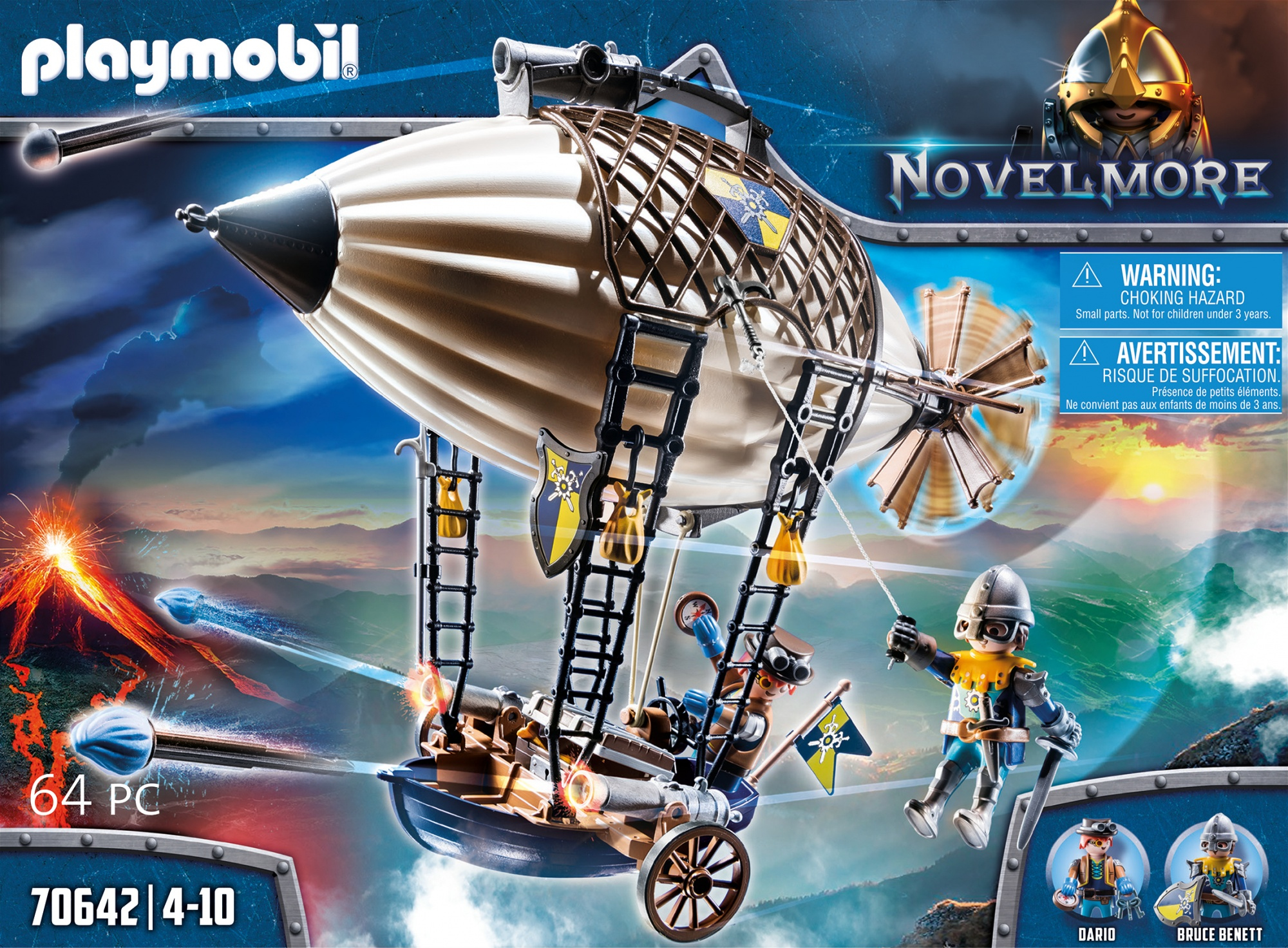 Set de caja de juguetes Playmobil Novelmore. Con una gran aeronave, dos figuras y fondo de paisaje.