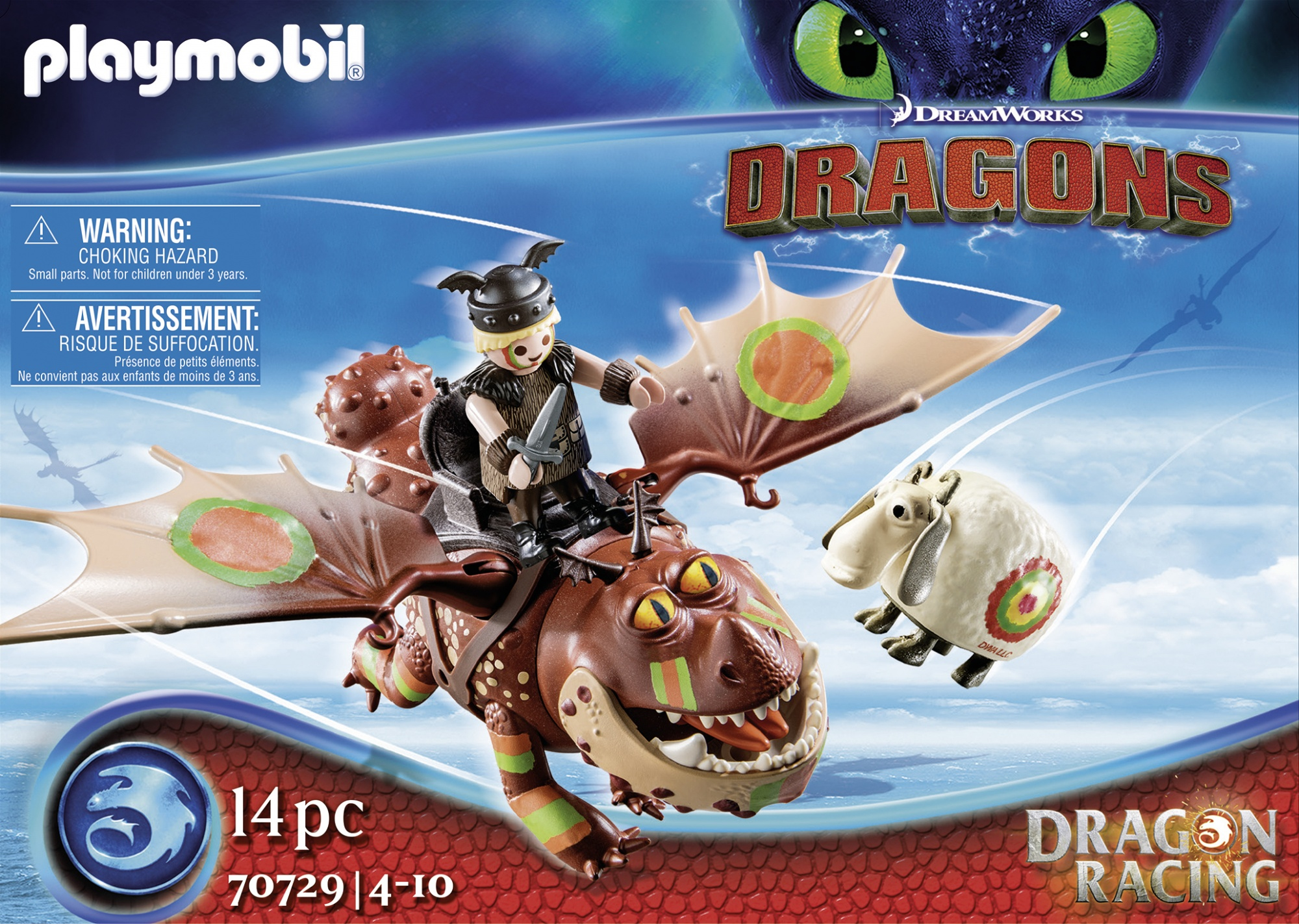 Playmobil-Boxset mit einem Wikinger auf einem Drachen, einer Schaf-Figur und dem Dragon Racing-Logo.