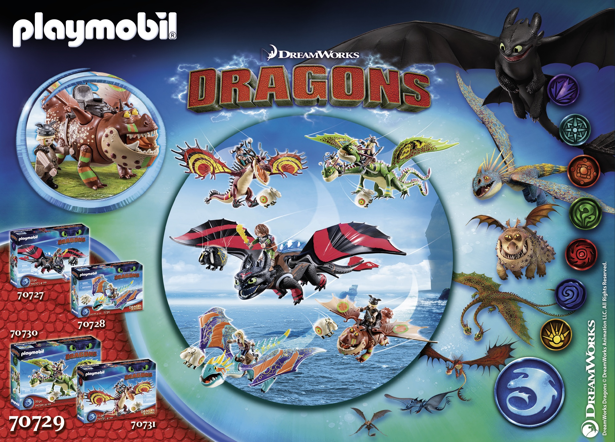 Playmobil Dragons-Set mit verschiedenen Drachenfiguren, Spielzeugsets und einer Drachensilhouette im Hintergrund.