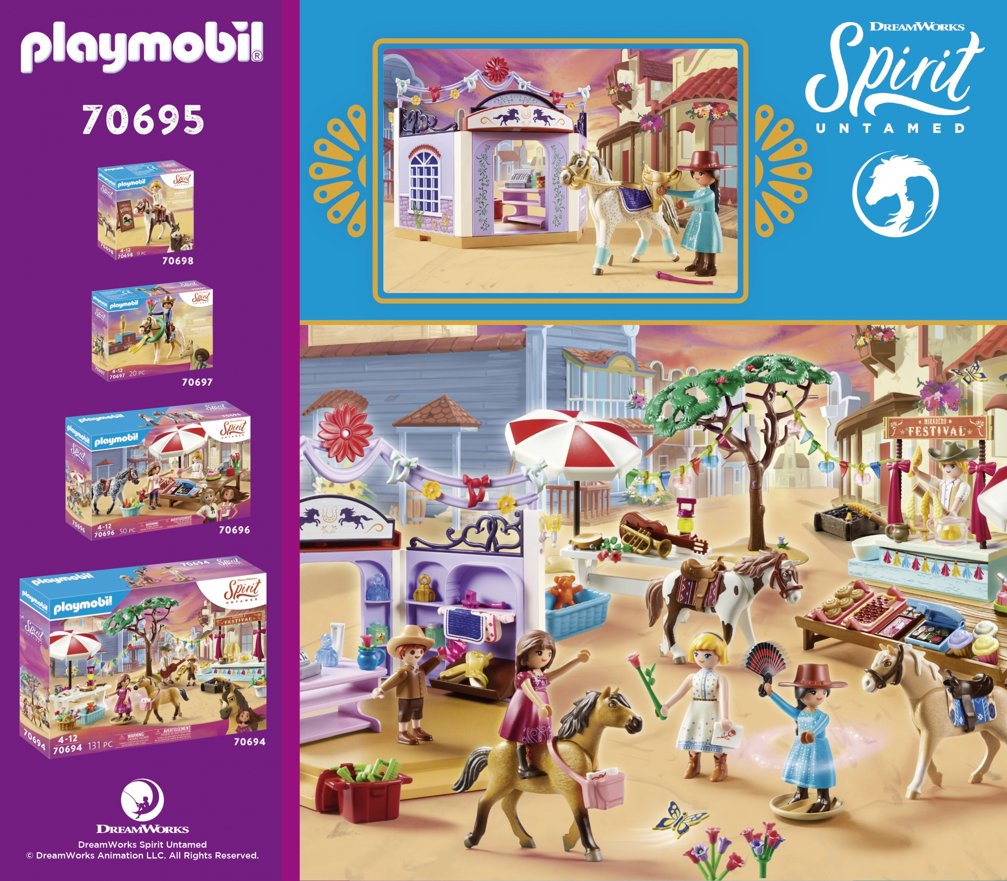 Set de juego Playmobil Spirit Untamed con figuras, caballos y una escena de pueblo.
