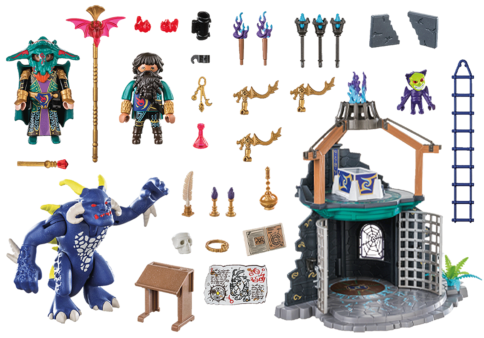 Un set di giocattoli con figure, una torre e accessori, con elementi fantasy.