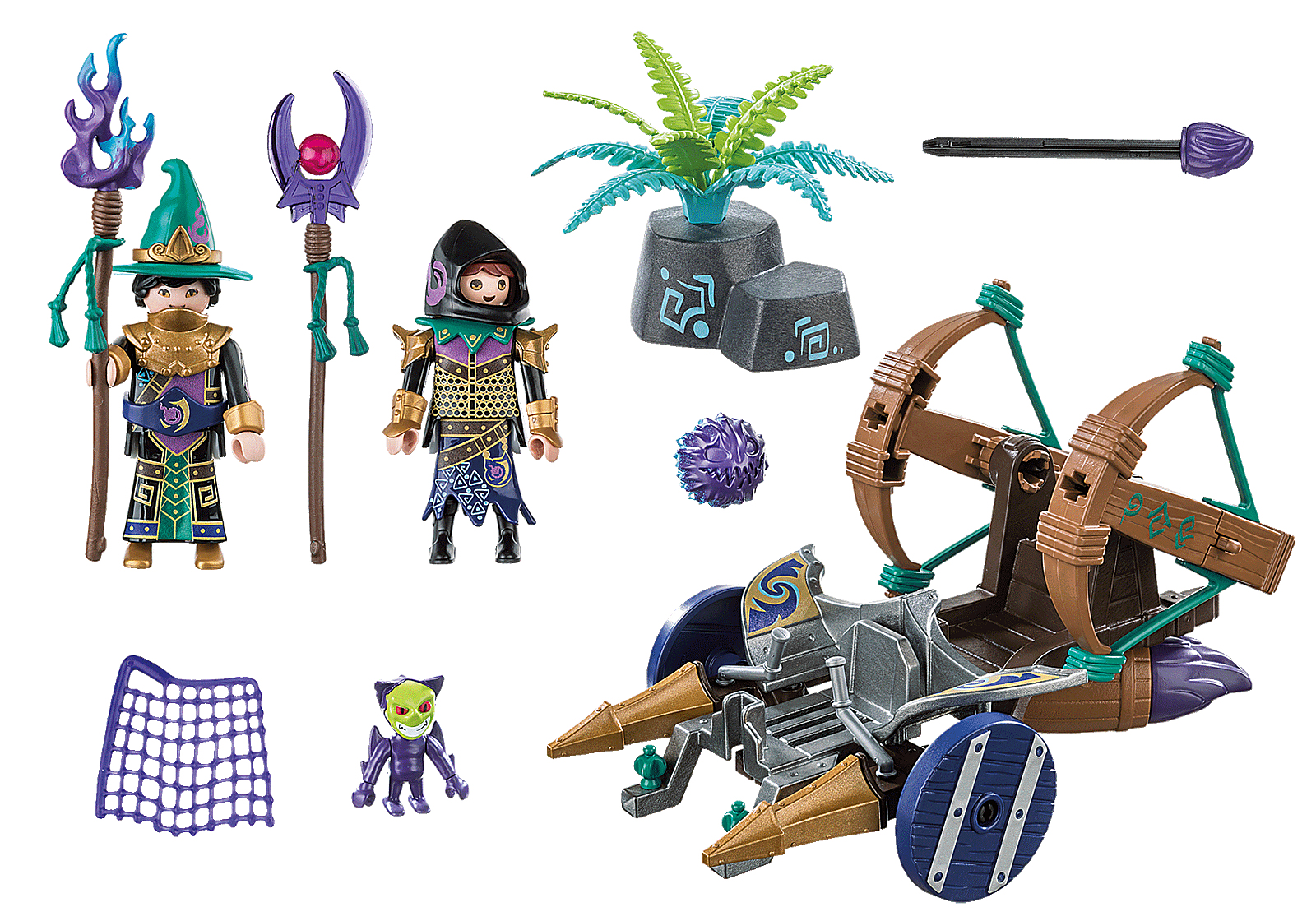 Playmobil-Figuren und Zubehör: Zauberer, eine Armbrust und ein kleines Wesen, alles auf weißem Hintergrund.