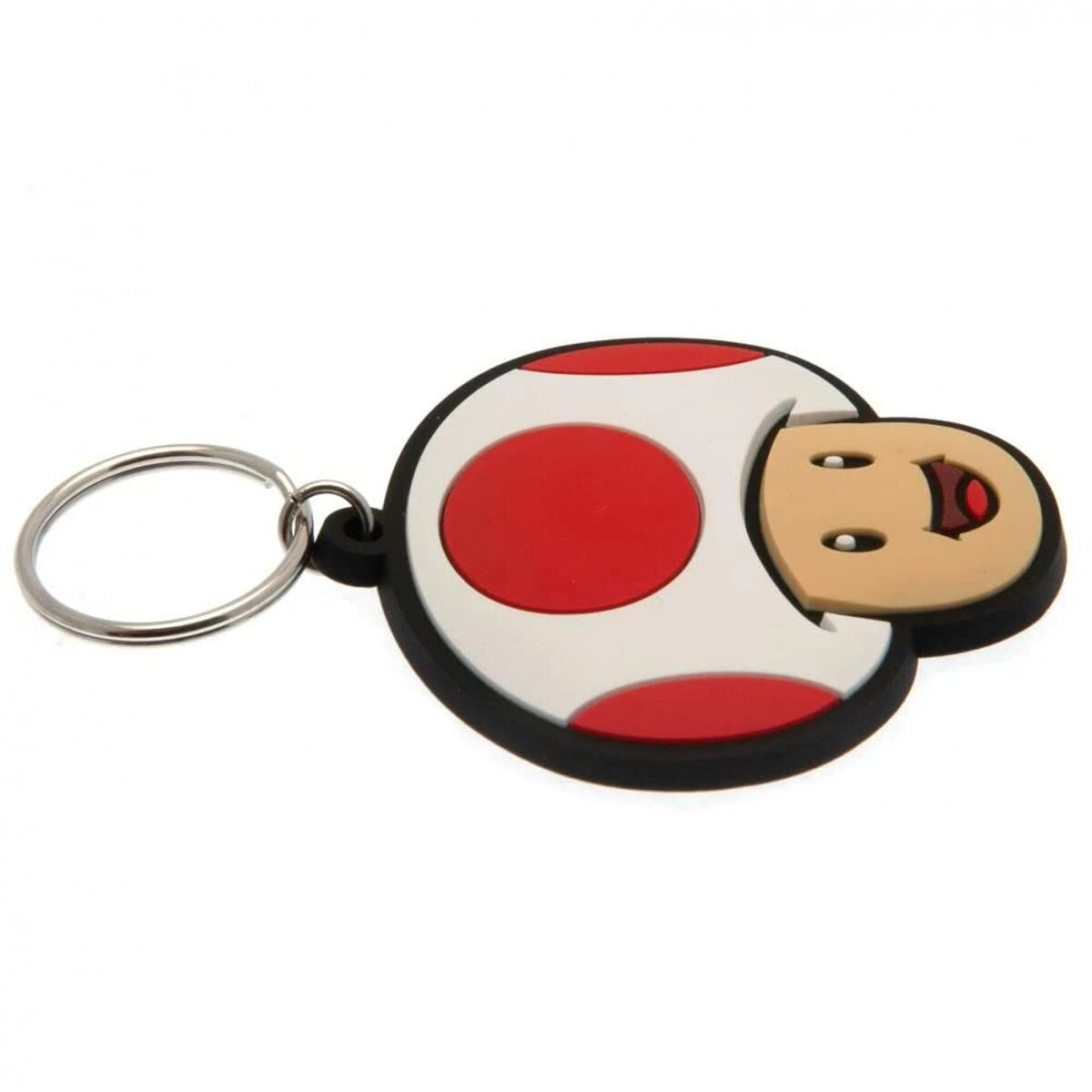Un llavero de hongo rojo y blanco. Tiene una cara y un anillo de metal.