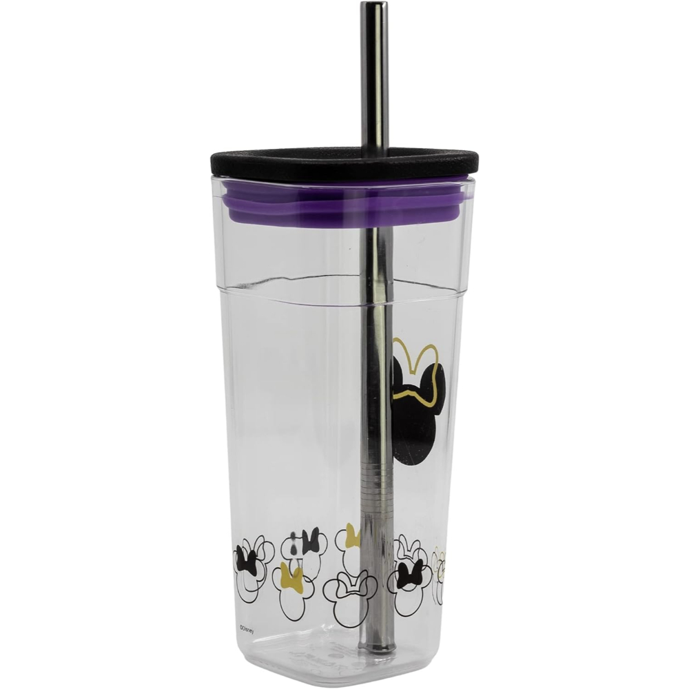 Taza de Minnie Mouse. Taza transparente con tapa morada y pajita negra. Diseño de Minnie Mouse.