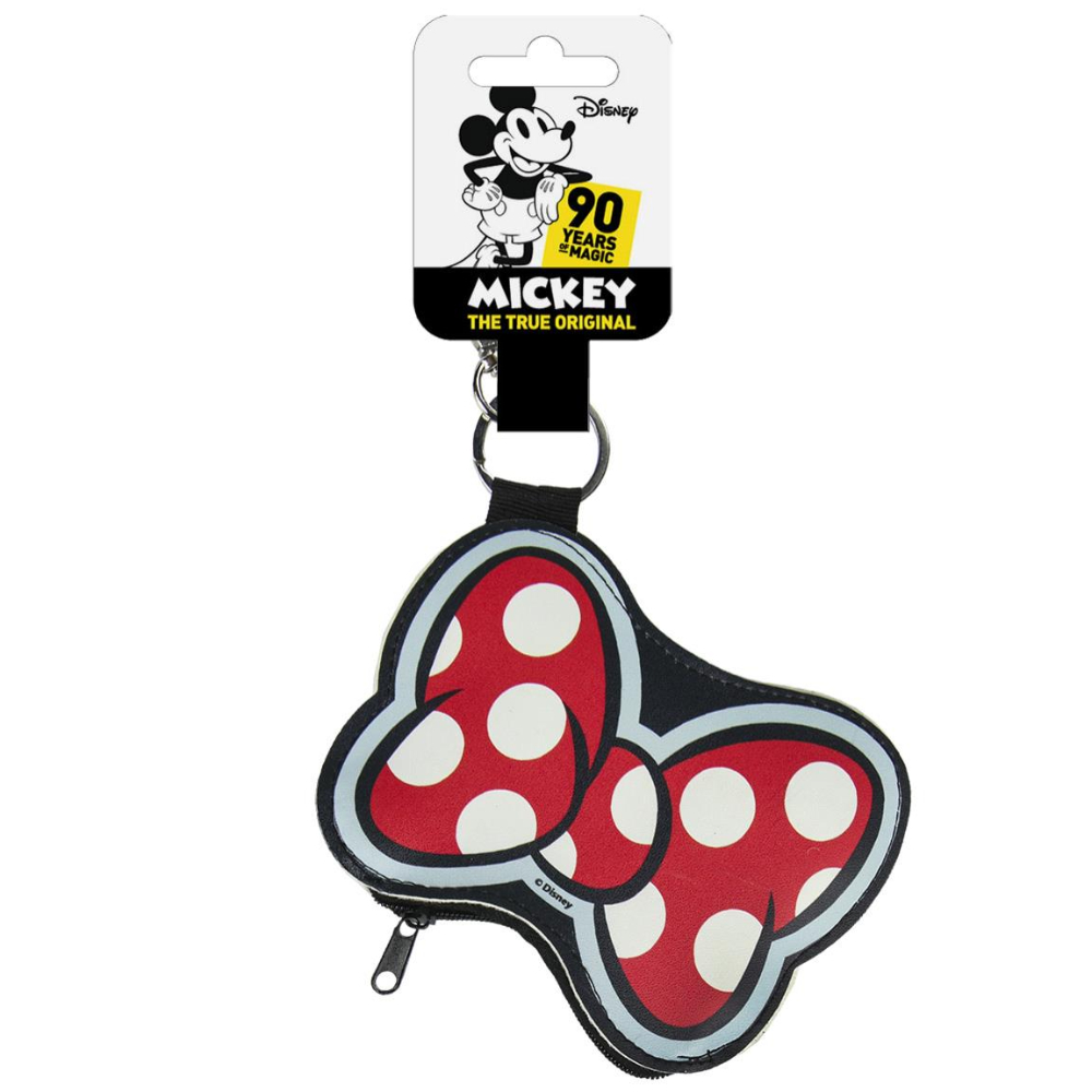 Monedero con forma de lazo de Minnie Mouse con llavero, rojo y lunares blancos.