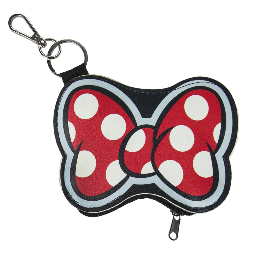 Un monedero con forma de lazo de Minnie Mouse con lunares blancos y una cremallera.