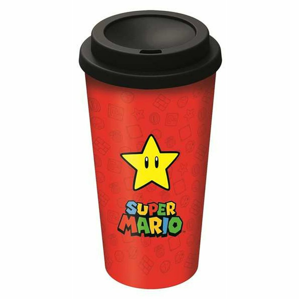 Taza de viaje roja de Super Mario con tapa negra. Presenta un icono de estrella y el logotipo de Super Mario.