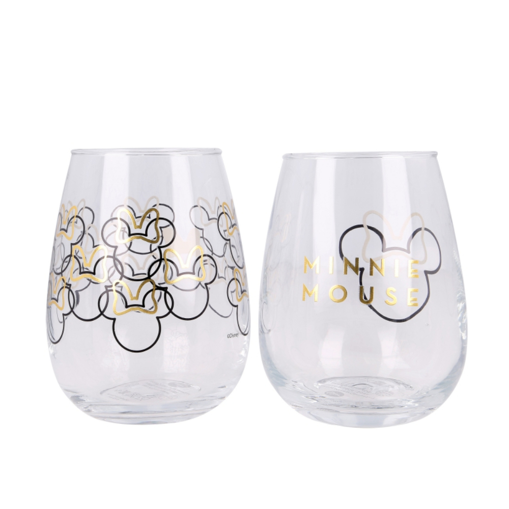Dos vasos sin tallo de Minnie Mouse. Patrón de cabeza de Minnie Mouse dorada y negra.
