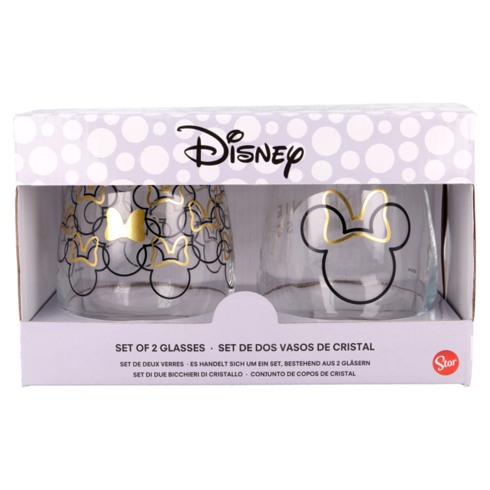 Dos vasos con diseños de Minnie Mouse en una caja. Un vaso tiene un lazo dorado.