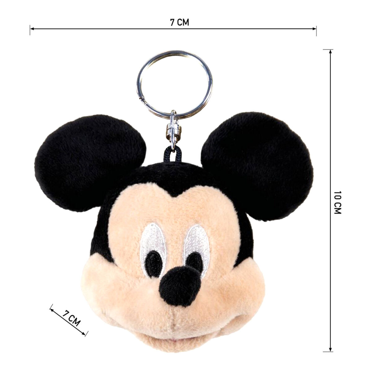 Mickey Mouse Plüsch-Schlüsselanhänger. Mickeys Kopf mit schwarzen Ohren und beigem Gesicht. Abmessungen gezeigt.