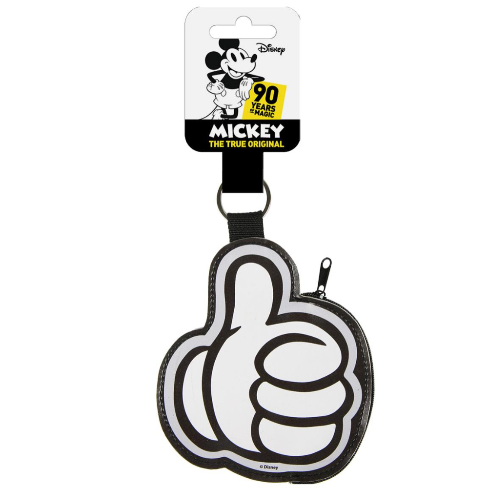 Monedero de Mickey Mouse con el pulgar hacia arriba. Diseño en blanco y negro, logotipo de Disney y logotipo de Mickey arriba.