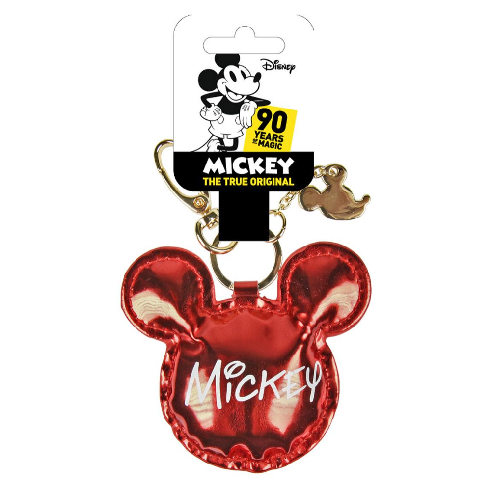 Llavero de Mickey Mouse. Forma de cabeza de Mickey roja con la palabra Mickey y el logo de Disney.