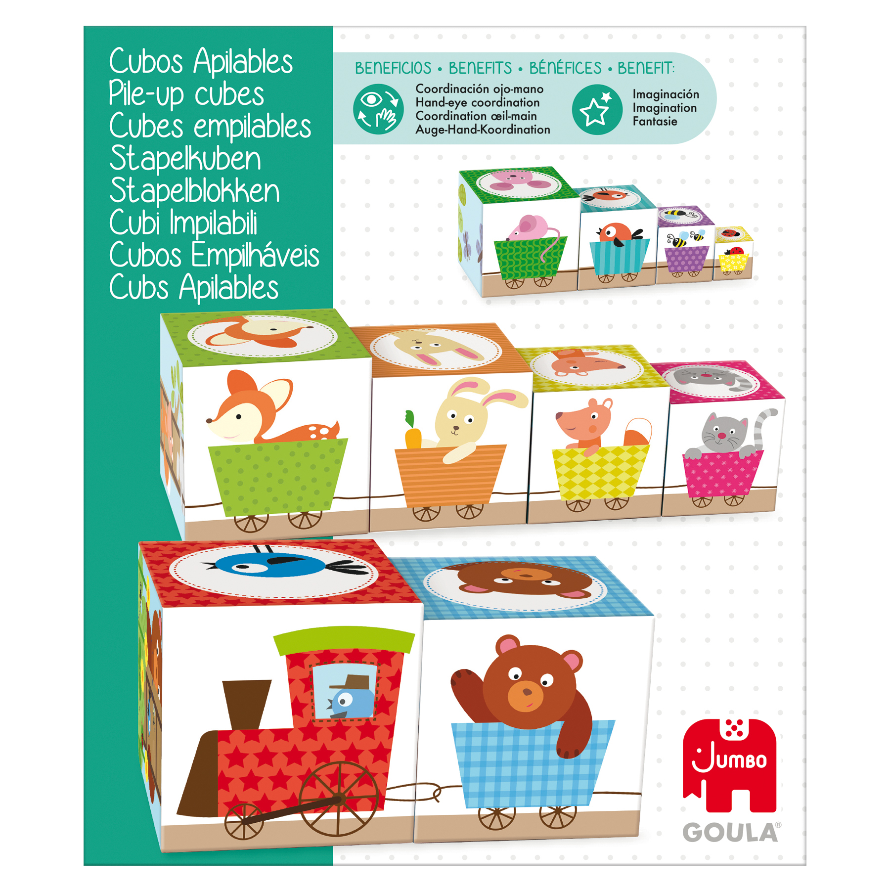 Układane kostki ze zdjęciami zwierząt w pociągu. Tekst na pudełku w wielu językach.