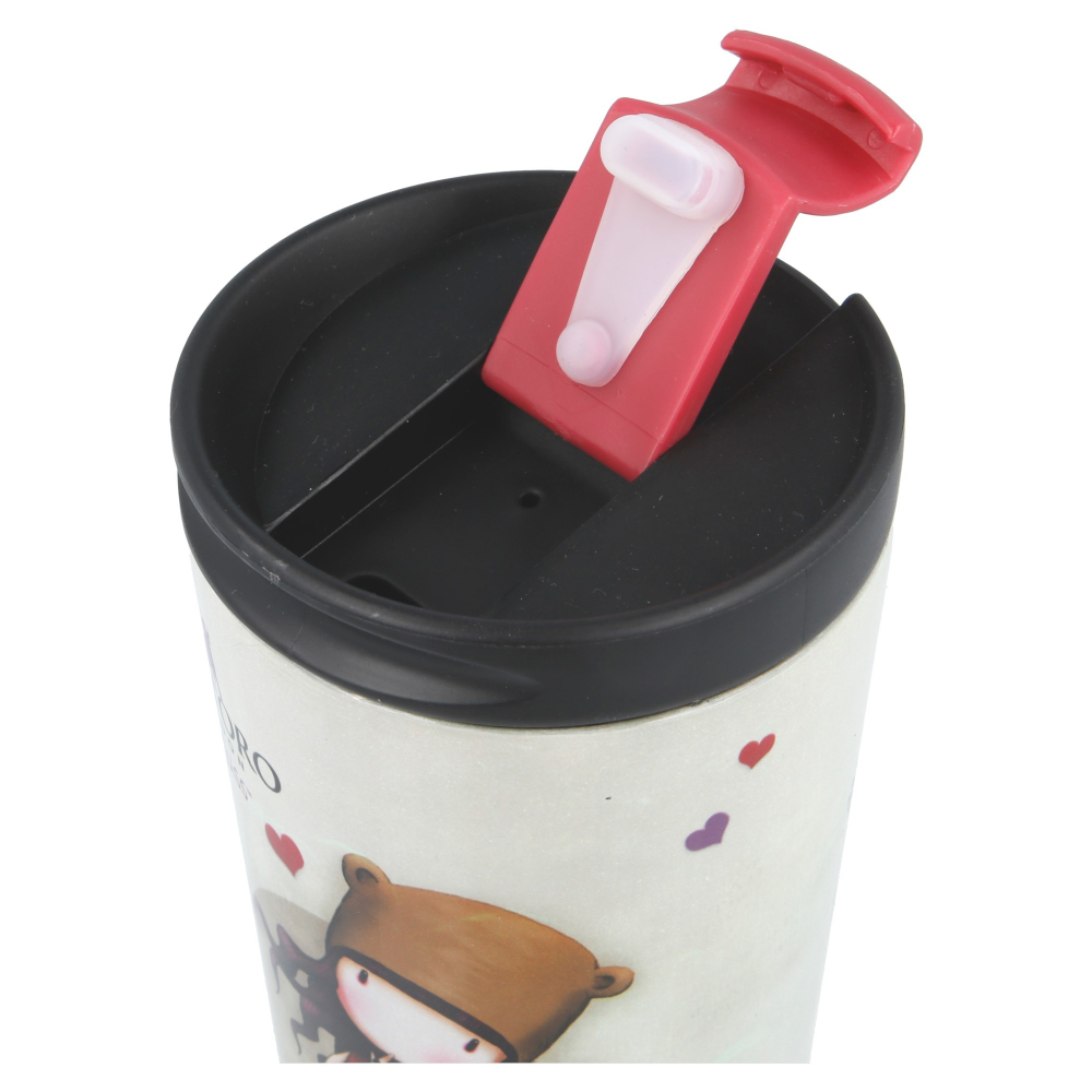 Taza de viaje de café con tapa roja y diseño de niña Santoro Gorjuss.