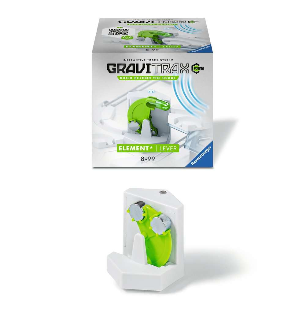 Una scatola del set GraviTrax e l'elemento Leva. La leva è verde e bianca.