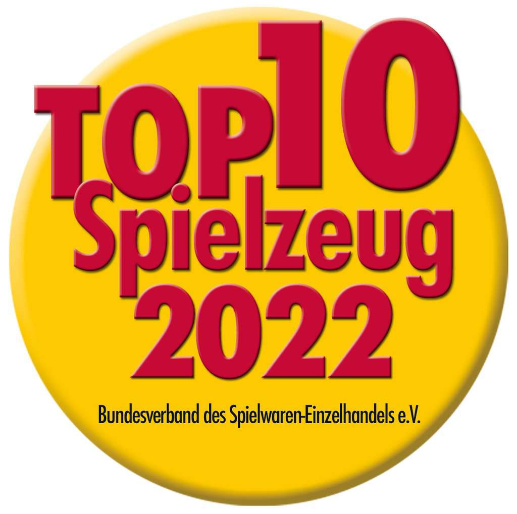 Un cerchio giallo con testo rosso 'Top 10 Spielzeug 2022' e 'Bundesverband des Spielwaren-Einzelhandels e.V.'