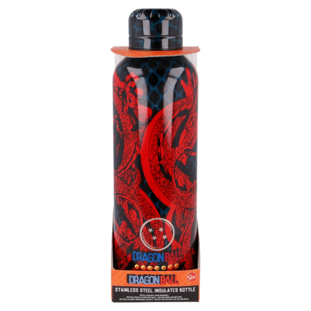 Dragon Ball Isolierflasche mit rotem Drachendesign und schwarzem Deckel.