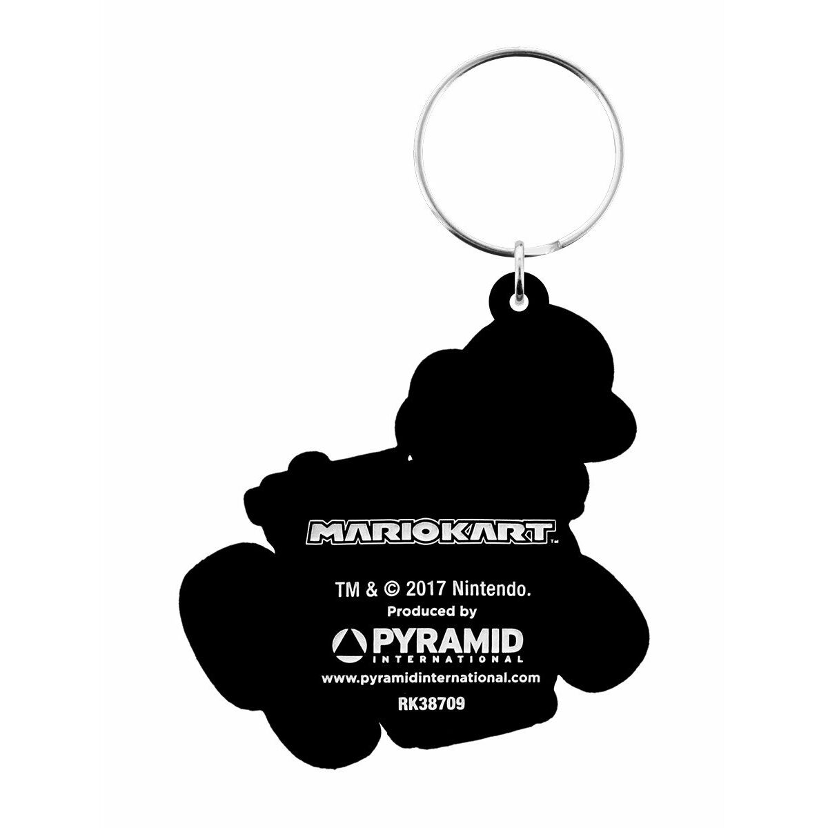 Schlüsselanhänger schwarz mit Mario Kart Logo, Mario-Silhouette im Kart. Pyramid International Logo.