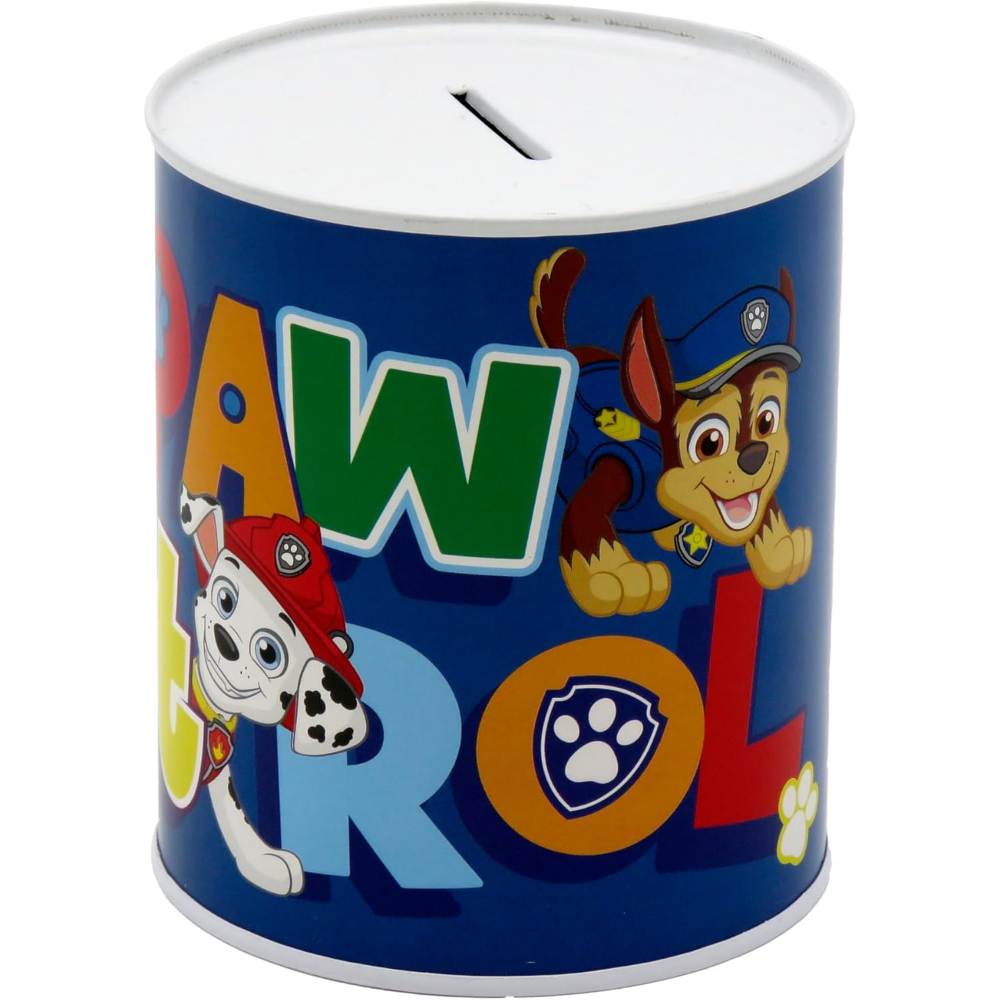 Hucha de Paw Patrol. Lata azul cilíndrica con personajes de Paw Patrol y su logo.