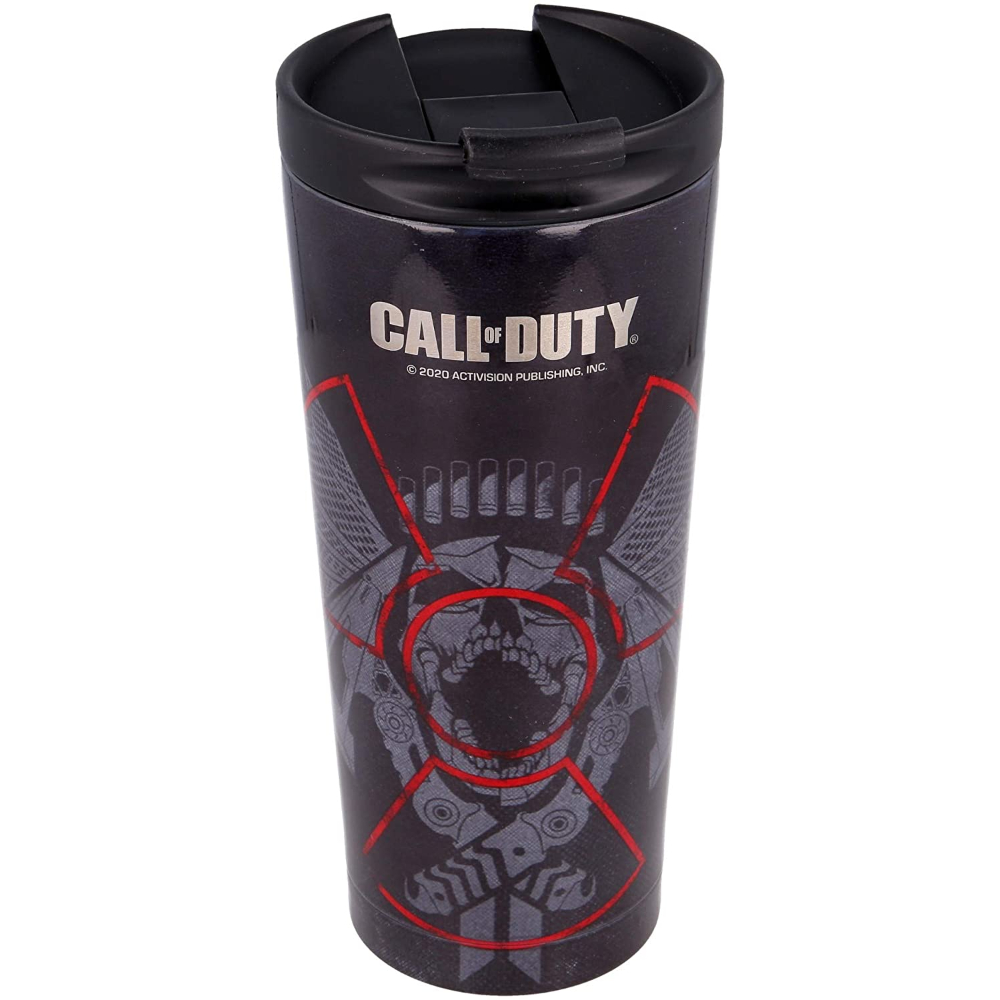 Taza de viaje negra de Call of Duty con diseño de calavera y detalles rojos. Tapa negra.